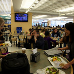 Getting lunch at the student cafeteria.