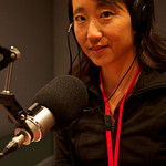 Rae with her radio interview headphones on.